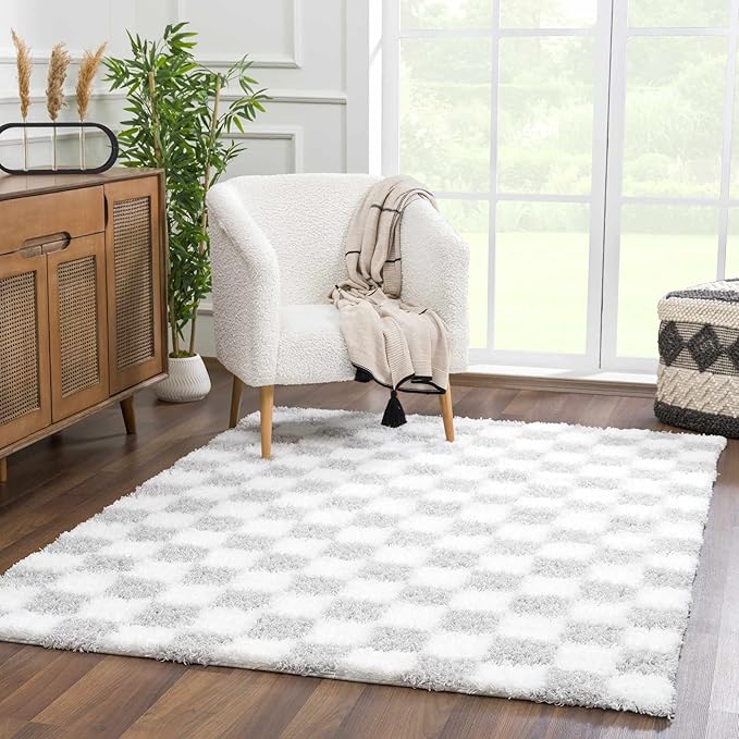 Hauteloom Atira Checkered Shag Runner Rug - Checkboard Design - High Pile Fluffy Shaggy Touch - Square Tiles - Kids Room, Hallway, Bedroom Shag - Gray, Cream, White - 2'7" x 7'3"