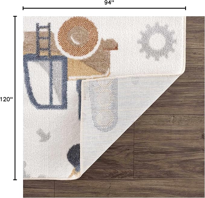 Hauteloom Mochi Kids Room, Nursery Machine Washable Area Rug - Construction Vehicles Machines - Cream, Brown, Beige - 7'10" x 10'