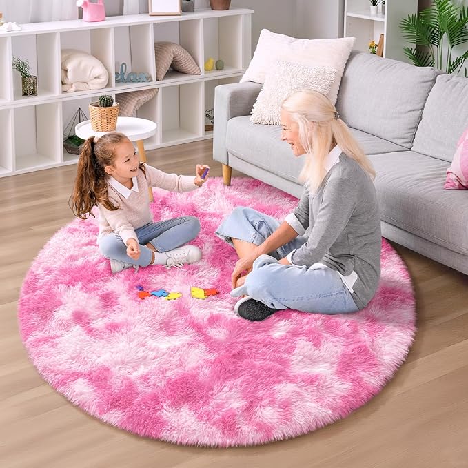 EVOIONOS Tie-Dyed Pink Round Rug Living Room, 6x6 Ft Fluffy Soft Circle Area Rugs Bedroom, Plush Shaggy Circular Carpet Indoor Floor Bedside Kids Nursery, Machine-Washable Home Decor Aesthetic