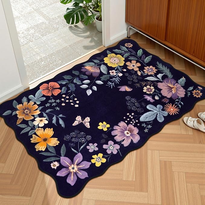 Lahome Floral Entryway Rug, 2X3 Washable Kitchen Rug Non-Slip, Ultra-Thin Soft Door Mat Indoor Entrance Stain Resistant Boho Small Low-Pile Throw Carpet for Bathroom Bedroom(2x3ft,Purple)