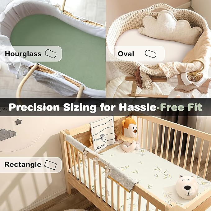 3-Pack Cotton Muslin Bassinet Sheets - Fitted Elastic Mattress Cover for Baby Boys & Girls, Breathable Bedside Bassinet Sheets Neutral Colors (Fits Oval & Rectangle Shape) (Green)