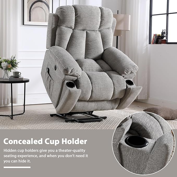 CANMOV Large Power Lift Recliner Chairs with Massage and Heat for Elderly Big People, Heavy Duty Motion Reclining Mechanism-Anti Skid Fabric Recliner Chair with 2 Concealed Cup Holders, Smoke Gray