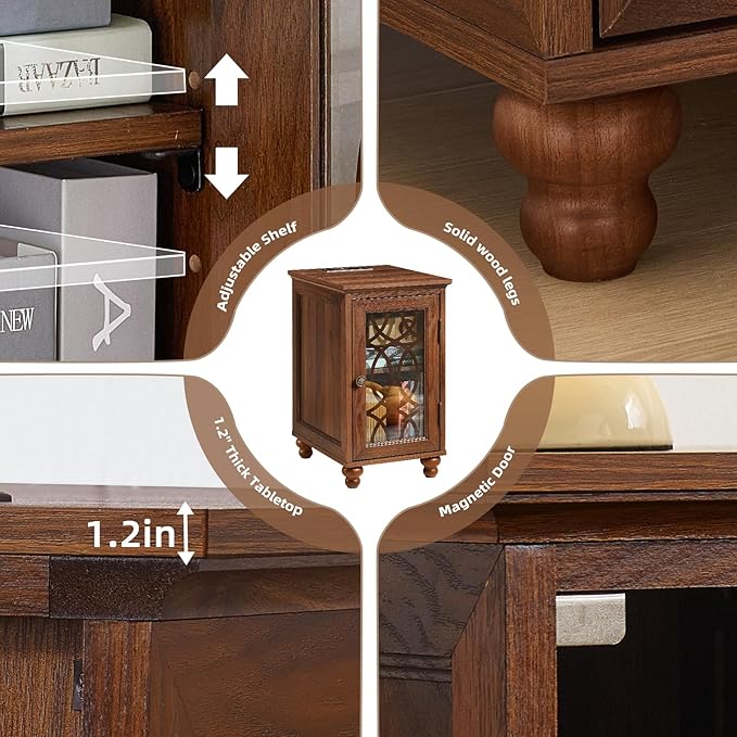 Narrow Side Table with Charging Station, Night Stand with Glass Door, Bedside End Tables with Adjustable Shelf Storage Cabinet,Wood Nightstand for Small Spaces Living Room Bedroom