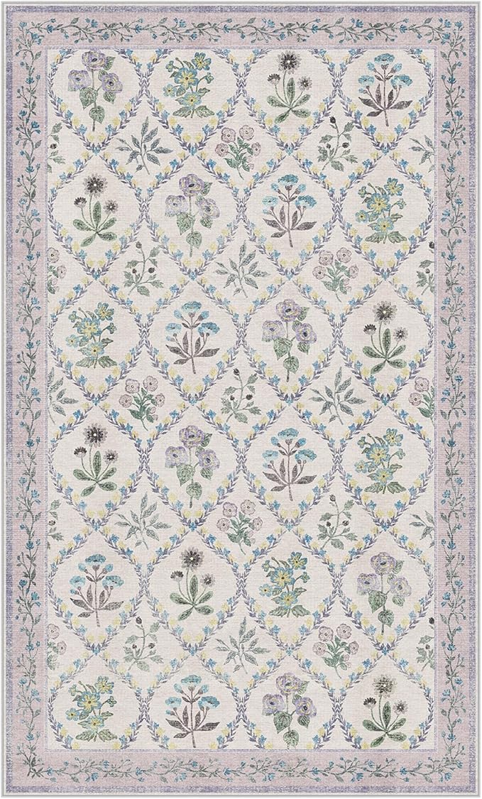 3x5 Nursery Rug, Boho Purple Floral Area Rugs Machine Washable, Soft Ultra-Thin Purple Carpet Non Slip for Girls Room Bedroom Entryway Playroom Living Room, Purple Grey