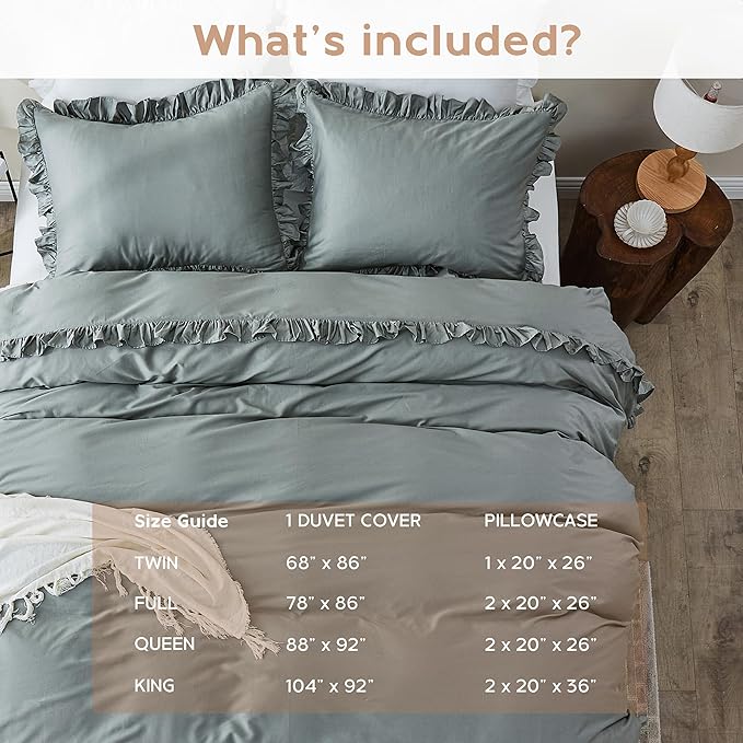 Simple&Opulence Kids 100% Organic Cotton Full Duvet Cover Ruffle 3Pcs(1 Comforter Cover 2 Pillowcases) Cute Lace Vintage Boho Shabby Chic Farmhouse Bedding Set Teen Girls(Gray, Full)