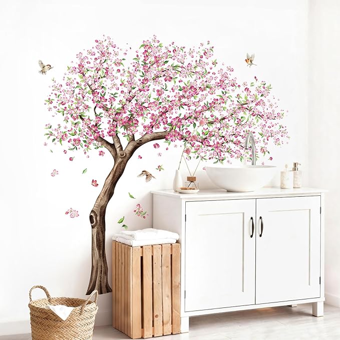 Tanlaby Large Cherry Blossom Tree Wall Decals Pink Peach Flower Tree Wall Stickers with Birds Peel and Stick Spring Wall Art Decor for Girls Kids Bedroom Nursery Living Room TV Decor