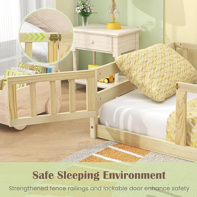 Giantex Twin Floor Bed with Door & Fence, Kids Wood Montessori Beds with Safety Guardrails, Floor Bed Twin for Kids, Boys, Girls, No Box Spring Needed, Natural