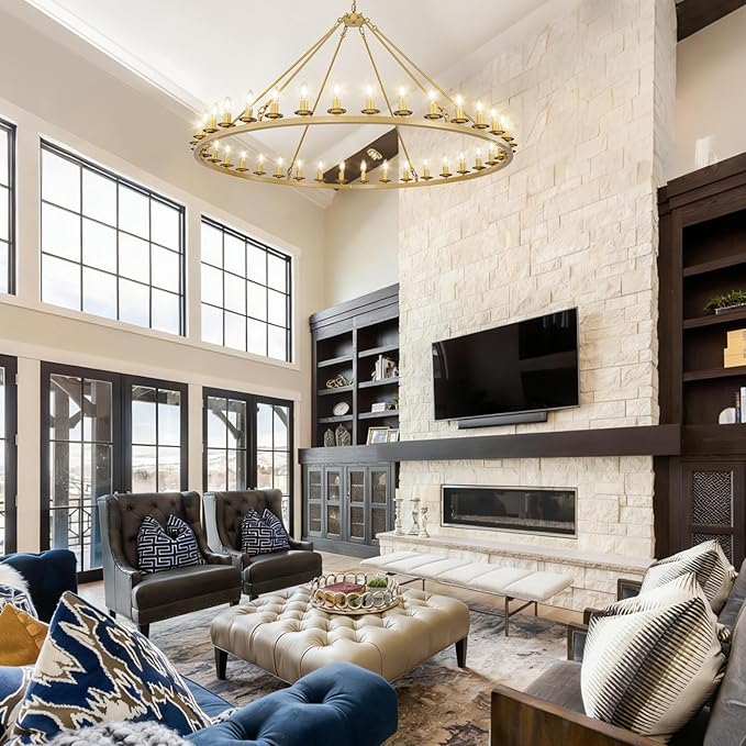 Wagon Wheel Chandelier, 36-Light Gold Large Round Modern Farmhouse Chandelier with Adjustable Height Island Light Fixture for High Ceiling Dining Room, Kitchen, Living Room, Entryways, Foyer