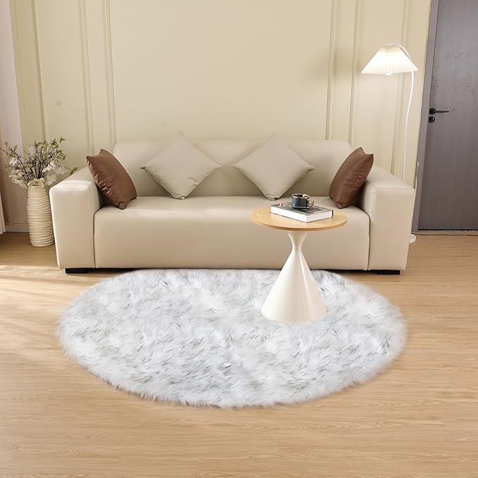 White and Grey Round Shag Rug 4ft Faux Sheepskin Fur Rugs for Living Room Small Circle Washable Plush Rug for Nursery Cute Room Décor