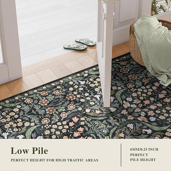 8x10 Washable Area Rug for Living Room, Floral Non-Slip Non-Shedding & Easy Care, Large Soft Low Pile Botanical Indoor Floor Carpet for Living Room, Bedroom, Dining Room, Kids Playroom, Nursery, Black