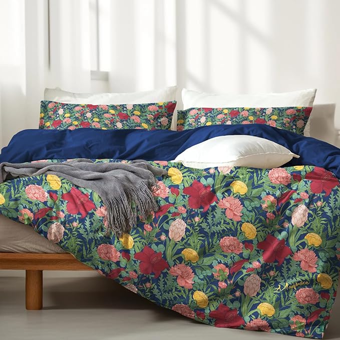 MAGRACE Green Floral Duvet Cover, 100% Cotton Casual Soft Double Original Design 3 Piece Queen Duvet Cover Set with Zipper Closure and Corner Ties