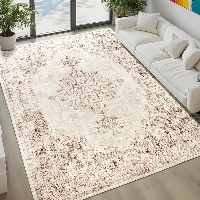 Area Rug 5x7, Washable Rug for Living Room, Large Area Rugs for Bedroom, Vintage Rug 5x7 for Dining Room, Non Slip Soft Low Pile Indoor Carpet for Kitchen, Nursery, Office, Farmhouse, Beige