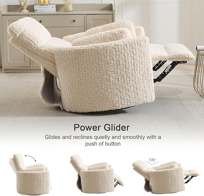 Swivel Glider Recliner, Boucle Upholstery Recliner with 2 Pillow, Nursery Glider Rocker Chair, Power Reclining Sofa Chair for Living Room/Office/Apartment/Off-White