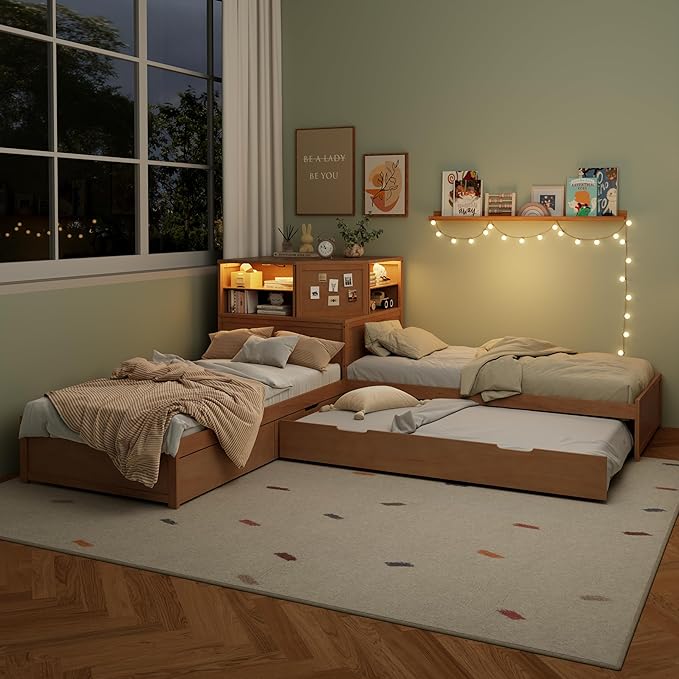 Harper & Bright Designs L-Shaped Corner Bed with Trundle, Wooden Double Twin Bed Frame for Kids, 3-in-1 Low Platform Bed with Built-in Nightstand and LED Light