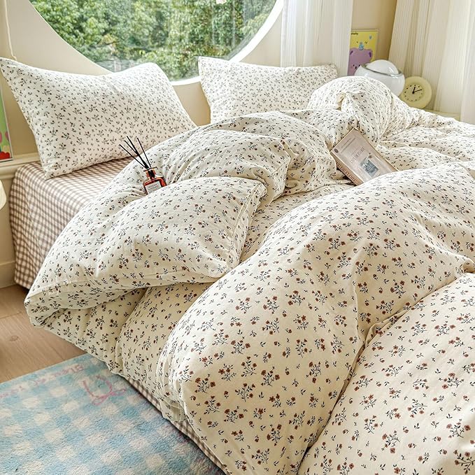 LifeTB 100% Cotton Muslin Duvet Cover Full Size Vintage Botanical Floral Duvet Cover Ultra Soft Flower Comforter Cover Lightweight Soft Breathable Gauze Bedding Comforter Cover with 2 Pillowcases