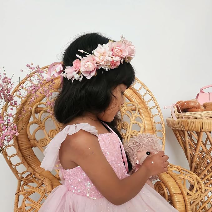Birthday Party Flower Crown for Girls Children Floral Headpiece Pink Kids Headband Wedding Holo Hair Accessories Photo Prop (Candy Pink)