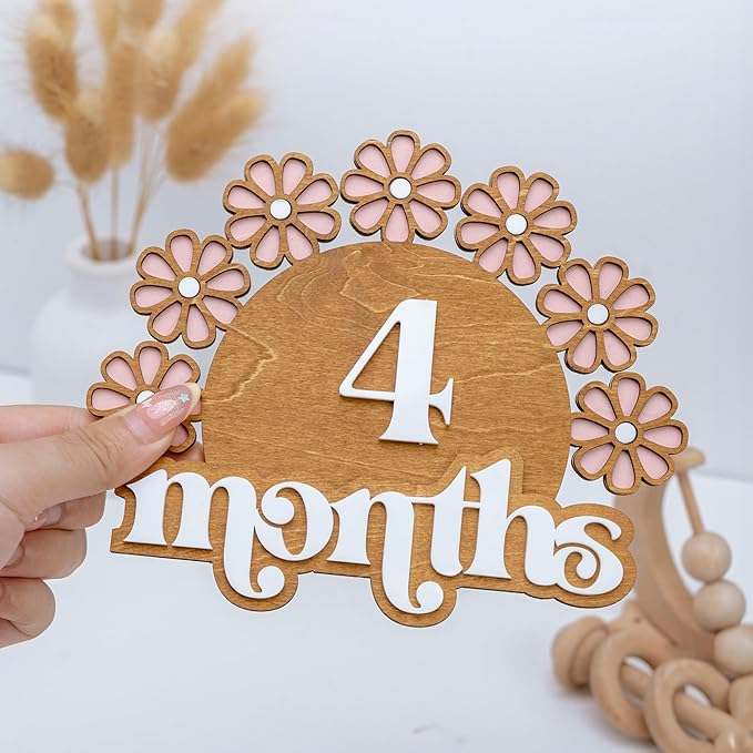 Wooden Baby Monthly Milestone Set, Floral Baby Age Tracker with Numbers and Months Weeks Signs, 3D Layered Wood Photo Prop for Newborn Monthly Pictures, Cute Floral Nursery Keepsake