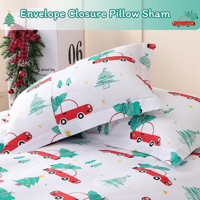 JSD Red Cars Kids Christmas Duvet Cover Set Queen Size, 3 Piece Xmas Comforter Cover with Pillow Sham Zipper Closure, Comforter Not Included