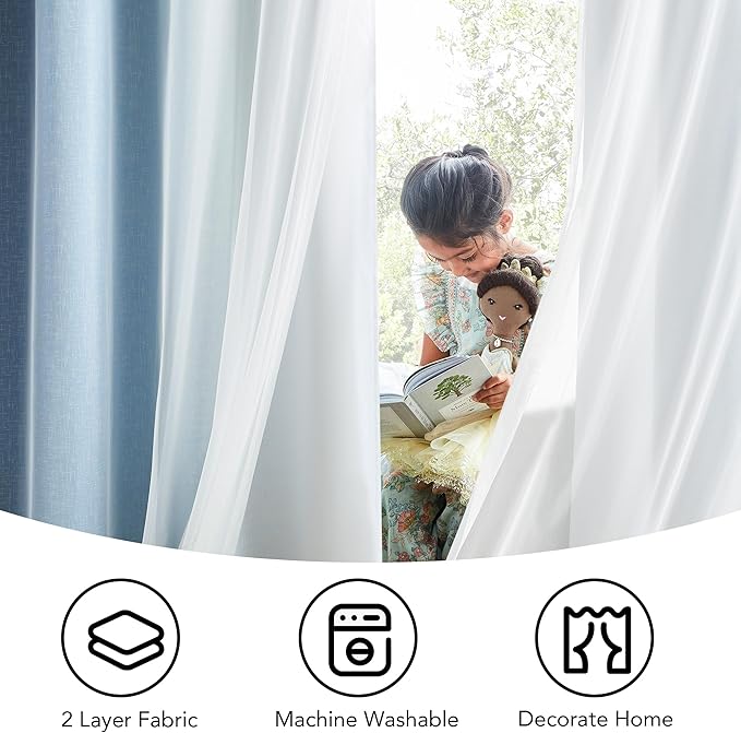100% Blackout Curtains with Sheer Overlay Mix and Match Double Layer Drapes 96 Inch Long 2 Panels for Bedroom Living Room Blue White Ombre Grommet Window Treatment with Tiebacks