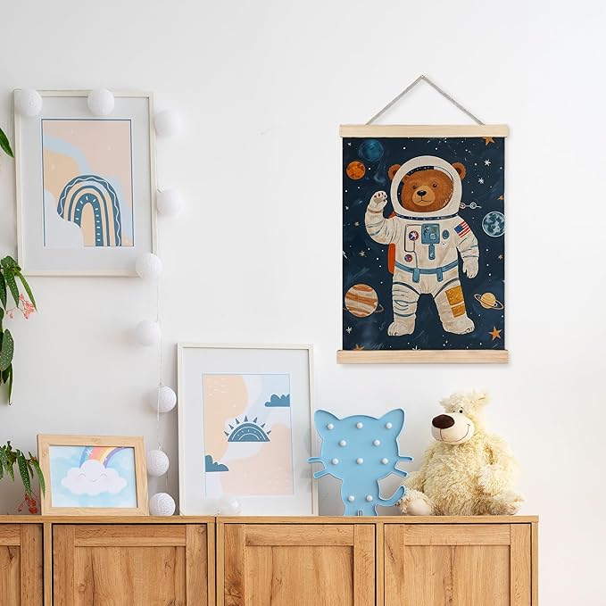 URLLUAE Astronaut Bear Space Wall Art Posters for Kids Room, Cute Outer Space Planet Poster Hanger Frame for Boys Bedroom Classroom Nursery Playroom Wall Decor, 16x24 Inch