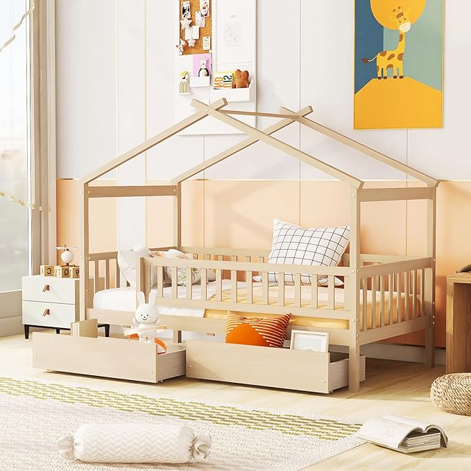 Aoowow Twin Size House Bed with Storage Drawers,Kids Wooden Bed Frame Twin House Bed with Slats and Fence for Boys Girls Teens for Bedroom(Natural)