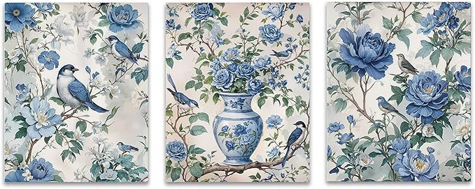 OFJE Vintage Chinoiserie Floral Bird Wall Art Decor Prints Set of 3, Retro Blue and White Grandmillenial Flower Birding Wall Art Posters Decor for Home Bedroom Living Room, 8x10 Unframed
