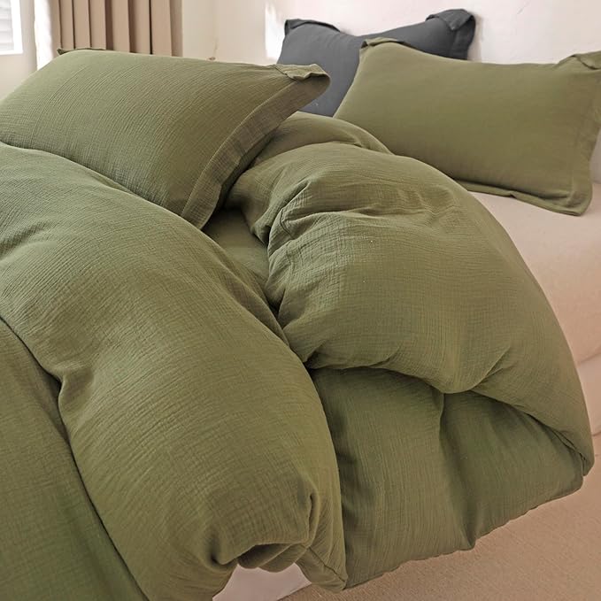 MorroMorn Muslin Duvet Cover King Size, Ultra Soft 100% Cotton Comforter Cover Set, 3 Pieces 2-Layer Gauze Duvet Cover with 2 Pillowcases, Breathable Lightweight Linen Like, 90"x104", Olive Green