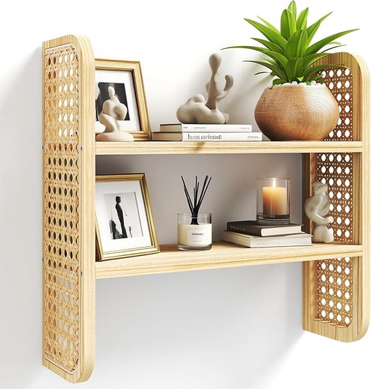 2-Tier Natural Rattan Wall Shelf, Cute Hanging Book Shelves Storage, Decorative Natural Display Shelves, Boho Floating Shelf for Nursery, Bedroom, Living Room