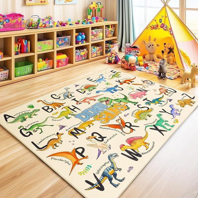 Kids Rugs for Playroom, 4x5 Feet Educational Rug for Learn The ABC Alphabet, Soft Machine Washable Non-Slip Cute Dinosaur Carpet for Classroom Toddler Nursery Kids Room Decor Mat, Beige