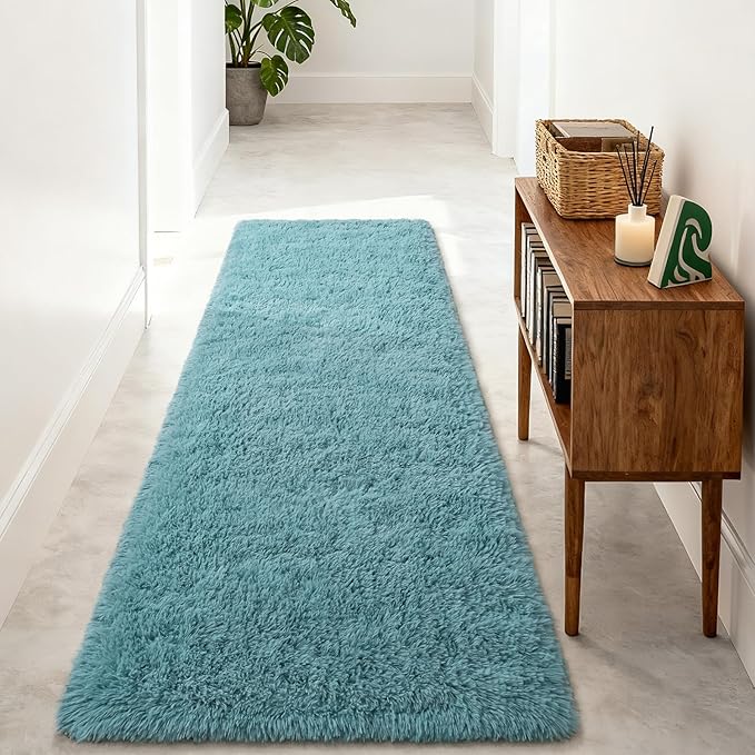 Merelax Soft Fluffy Rugs for Bedroom Living Room, 2x6 Hallway Runner Rugs, Furry Shag Bedside Area Rug Indoor Accent Floor Carpet, Plush Fuzzy Rug for Dorm Nursery Kids Room Decor, Turquoise Green
