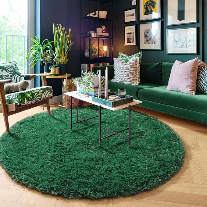Amdrebio Dark Green Fluffy Round Rugs 5Ft for Bedroom, Thick Floor Circle Rug for Kids, Teens Room Decor, Furry Shag Area Rug for Living Room, Baby Nursery, Dorm, Fuzzy Plush Fur Emerald Green Carpet