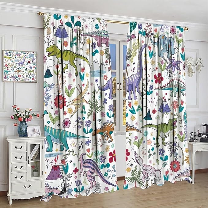 Dinosaur Curtains Cartoon Cool Funny Dino Tropical Plant Leaves Flowers Aesthetics Art Print for Kids Boys Bedroom Living Room Rod Pocket Decoration Window Drapes 2 Panels W26xL84in