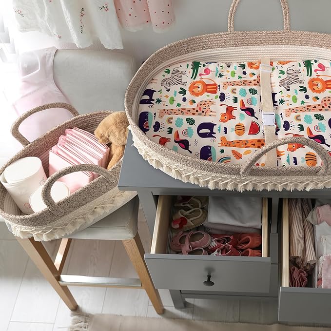 Baby Changing Basket, Boho Moses Baskets for Newborn, Baby Basket for Baby Dresser, Diaper Changing Basket for Baby with Diaper Caddy, Cartoon Changing Pad, Waterproof Sponge Cushion, Storage Bag