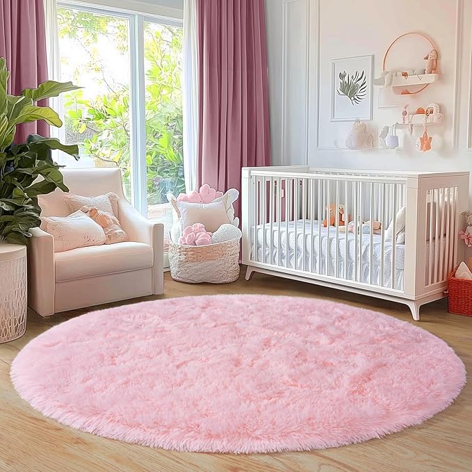 6‘x6’ Round Pink Rugs for Girls Bedroom, Ultra Soft Fluffy Circle Rug for Kids Room, Cute Shag Rugs for Living Room Playroom Tent Castle Home Decor Rug