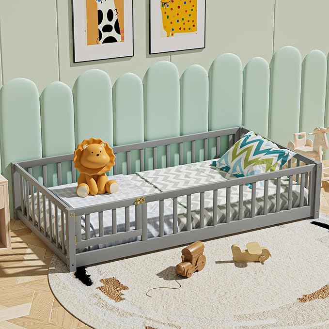 i-POOK Twin Floor Bed for Children, Sturdy Wood Montessori Bed Frame with Wood Slats, Fence & Door, Montessori Floor Bed for Girls and Boys, Gray