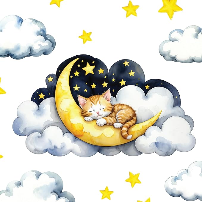 Boho Nursery Wall Decals - Dreamy Watercolor Kitten Sleeping on Cloud | Multi-Piece Set with Clouds, Moon & Stars | Removable Fabric Wall Art for Kids Room