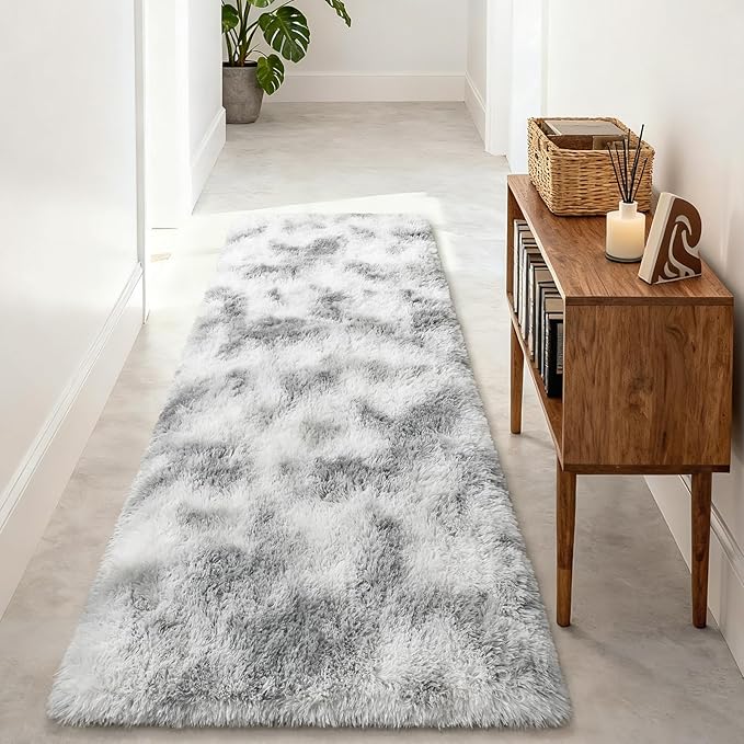 Merelax Soft 2x6 Abstract Runner Rugs for Bedroom Living Room, Tie-Dyed White Grey Plush Fluffy Rug, Shag Furry Area Rug Carpet Non-Slip for Nursery Children Kids Girls Room Home Decor Aesthetic
