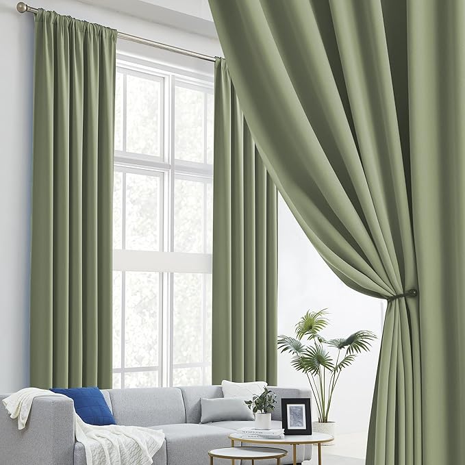 DUALIFE Light Sage Green Curtains 84 Inches Long Back Tab/Rod Pocket Room Darkening Curtain Panels Window Drapes Light Blocking 52 x 84 Inch Length,2 Panels Set