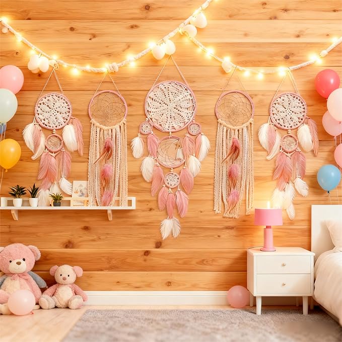 Dream Catcher Wall Decor,Large Boho Dream Catcher with Luxurious Feathers & Beads, Handmade Wall Hanging for Bedroom, Nursery, Living Room, Gift Ready for Girls & Adults (Pink)