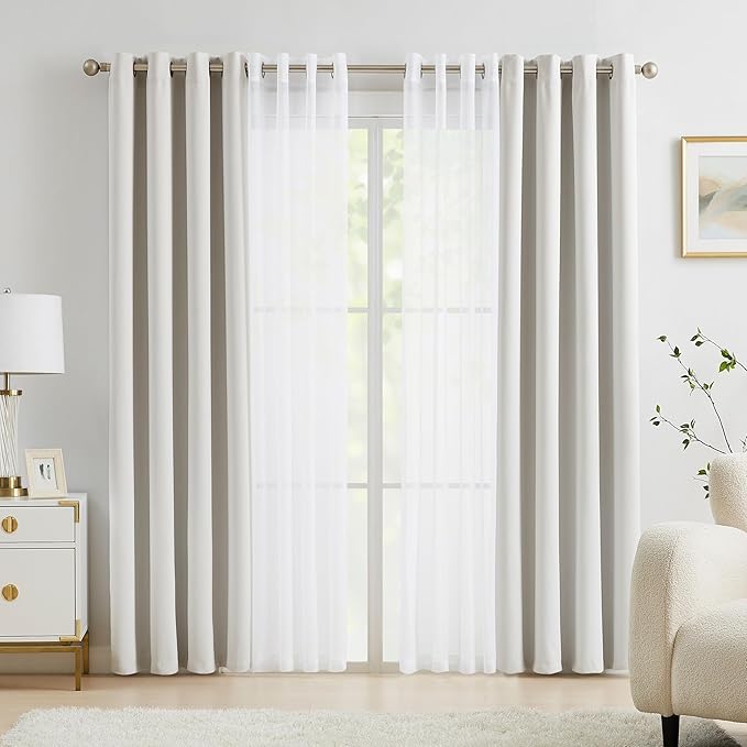 Lotusolution Beige Blackout Curtains for Bedroom Mix & Match Curtain Set Thermal Insulated Total Blackout Window Curtains and White Voile Sheer Drapes,Grommet Top,52" W x 63" L
