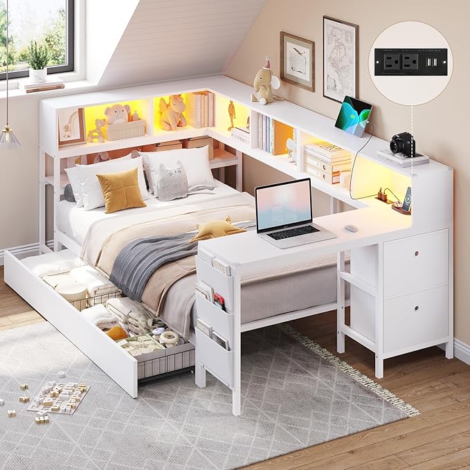 DICTAC Corner Twin Bed Frame with Desk,Charging Station and Bookcase Storage Metal Platform Bed Frame with Storage Drawers and Led Lights Twin Size Daybed with Desk and Shelves for Kids/Teen,White