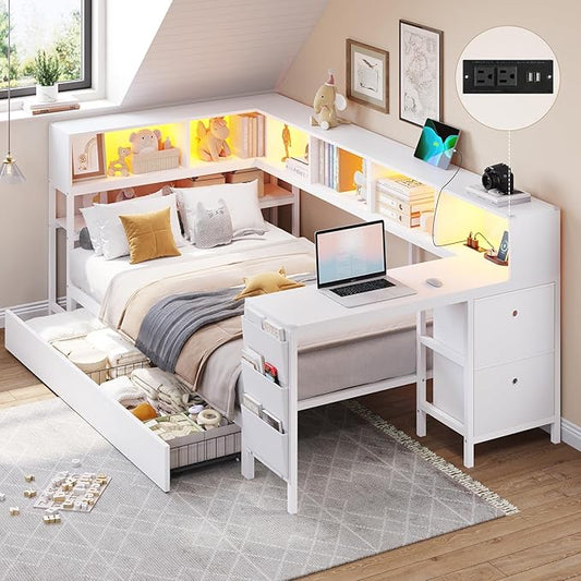 DICTAC Corner Twin Bed Frame with Desk,Charging Station and Bookcase Storage Metal Platform Bed Frame with Storage Drawers and Led Lights Twin Size Daybed with Desk and Shelves for Kids/Teen,White