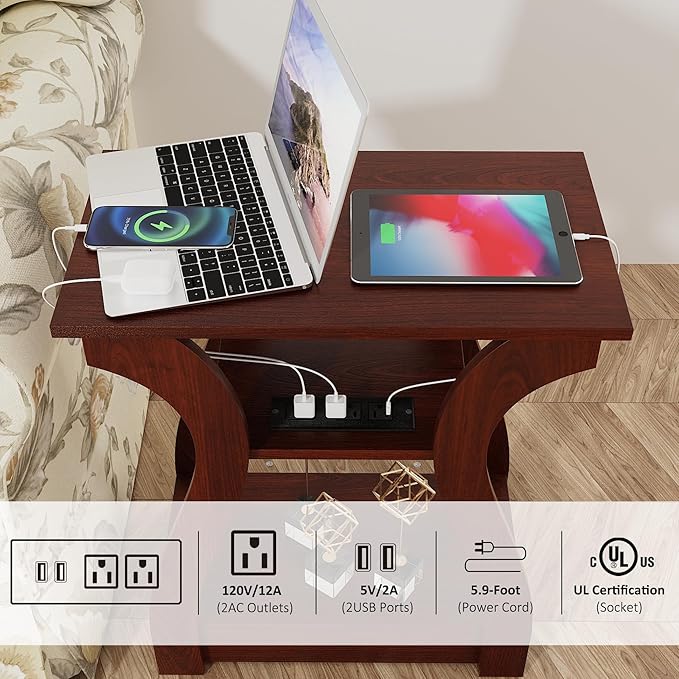 End Tables Living Room, Cherry End Table with Charging Station, Nightstand for Bedroom, 3 Tier End Table with Storage Shelf for Living Room(Cherry)