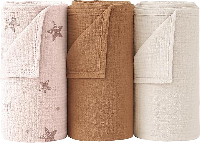 Bearmoss Muslin Swaddle Blankets, 40 x 38 inches Baby Swaddle for Boys and Girls, Soft Baby Blanket, 3 Pack Breathable Nursery Receiving Blankets (Pink Star)