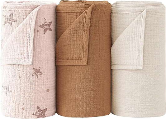 Bearmoss Muslin Swaddle Blankets, 40 x 38 inches Baby Swaddle for Boys and Girls, Soft Baby Blanket, 3 Pack Breathable Nursery Receiving Blankets (Pink Star)