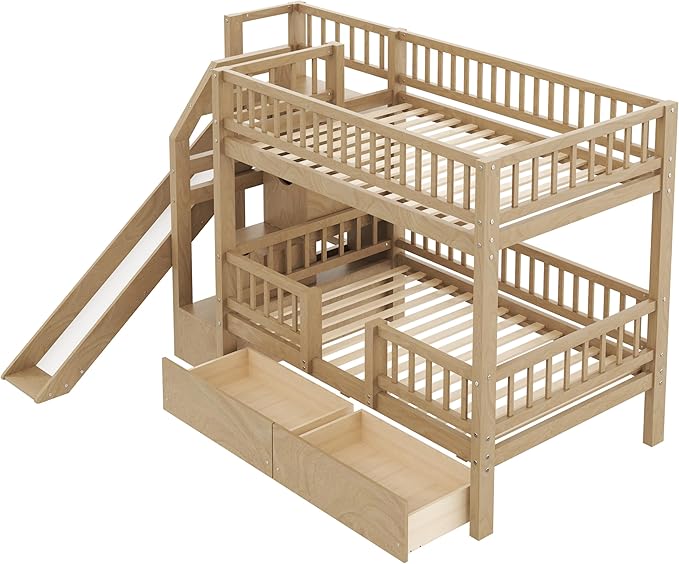 Twin Over Twin Bunk Bed with Storage Staircase, Solid Wood Bunk Bed Frame with Slide and 2 Drawers for Kids Teens Adult Bedroom, No Box Spring Needed (Walnut/63r)