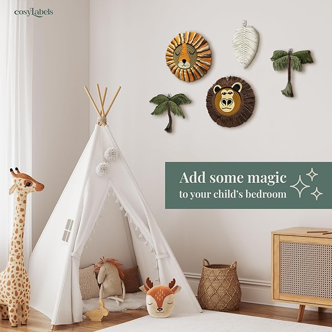 cosyLabels Macrame Nursery Decor: Safari Boho Baby Room Decor. Premium Jungle Wall Hanging with Hooks, Cotton Base. Lion, Monkey, 2x Palm Trees, Leaf