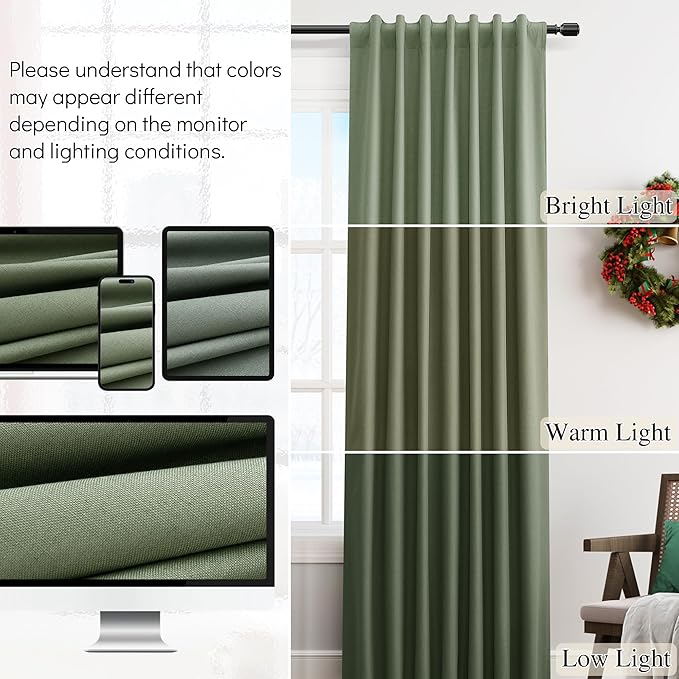 100% Blackout Curtains 126 Inch Length 2 Panels Set Linen Blend Textured for Bedroom Olive Green Back Tab Hook Belt Room Darkening Farmhouse Thermal Insulated Soundproof Drapes for Living Room 52x126