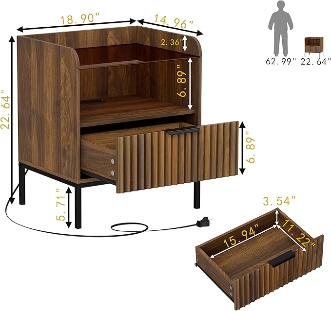 Mid Century Modern Nightstand with Charging Station, Fluted Night Stand, Bedside Table with Glass Top & Metal Legs, Wood End Table for Bedroom, Living Room (Walnut)