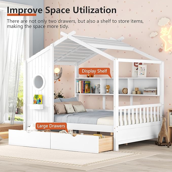 Full Size Bed Frames for Kids, House Bed with Window and Fence, Wood Platform Bed Frame with Drawers and Shelves, Playhouse Bed for Boys Girls, White, 78" L x 58" W x 72" H